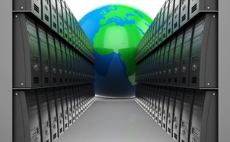 abstract 3d illustration of many servers and earth globe