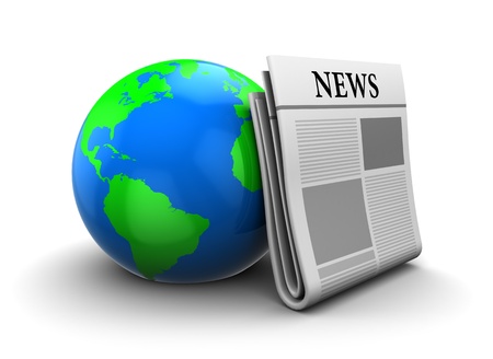 3d illustration of earth globe with newspaperの写真素材