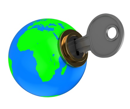 3d illustration of earth globe with key, isolated over whiteの写真素材