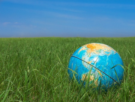 earth globe over meadow grass at background