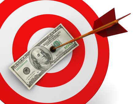 abstract 3d illustration of dollar target hit with arrowの写真素材