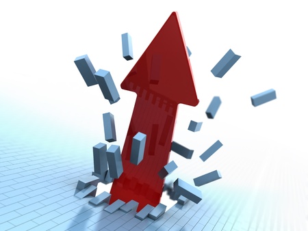 3d illustration of arrow breaking blue bricks wallの写真素材