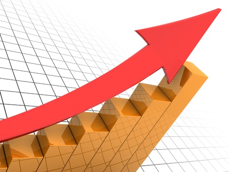 3d illustration of business graph with red arrow and grid at backgroundの写真素材