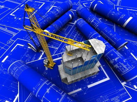 Modern building with crane placed blue paper of architectural projectの写真素材