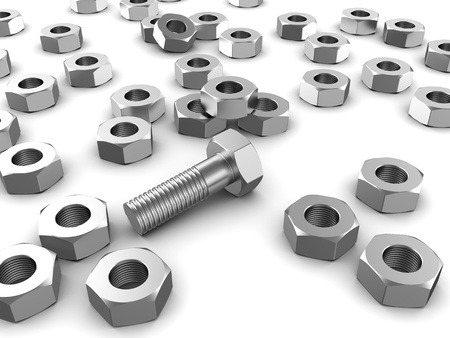 Metallic bolt with several screws over white background
