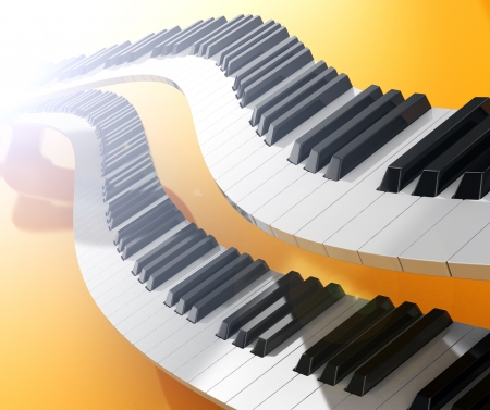 Two modern synthesizers curves over yellow backgroundの写真素材