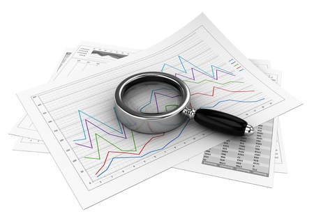 Business documents with magnifying glass over white background Business documents with magnifying glass over white background