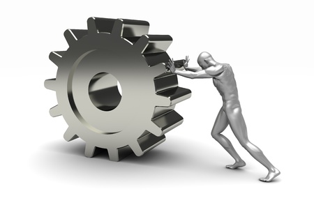 White man pushes a metal gear isolatedの写真素材