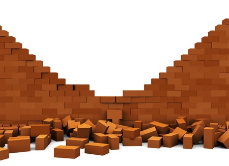 3d illustration of broken brick wall, over white background