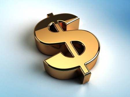 3d illustration of golden dollar sign over blue backgroundの写真素材