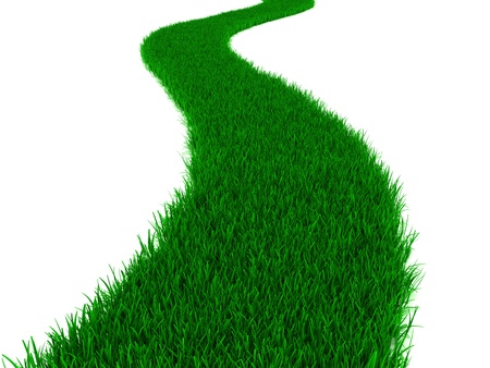 abstract 3d illustration of green grass road, over white backgroundの写真素材