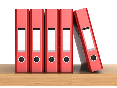 3d illustrations of the red ring binders in row on the shelf