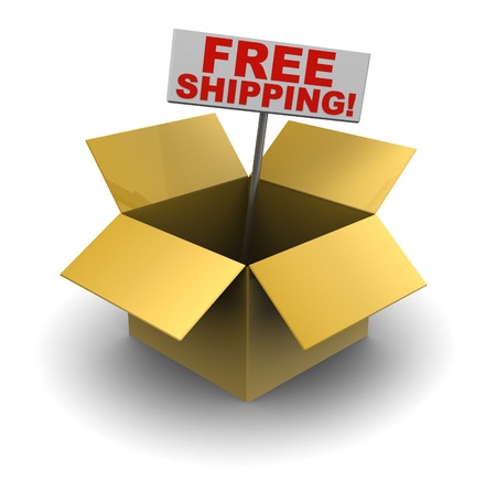 3d illustration of cardboard box with free shipping sign insideの写真素材