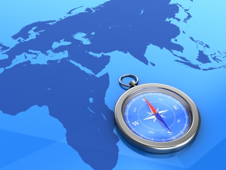 3d illustration of compass on the world map backgroundの写真素材