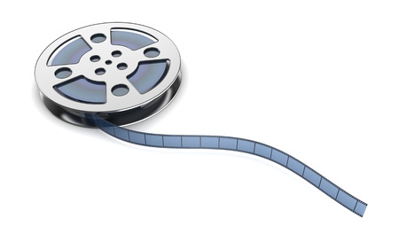 filmstrips coming out of its reel on white backgroundの写真素材