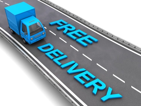 3d illustration of blue truck and sign free delivery, over asphalt roadの写真素材