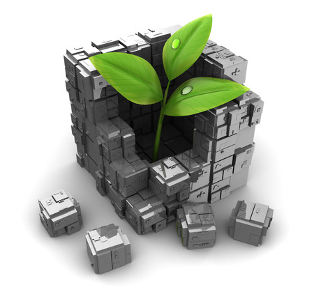 abstract 3d illustration of green sprout closed with metal blocksの写真素材