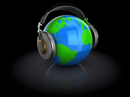 3d illustration of earth globe with headphones, over dark backgroundの写真素材