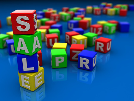 abstract 3d illustration of sign sale built with colorful cubesの写真素材