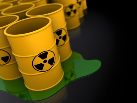 3d illustration of radioactive barrels dark backgroundの写真素材