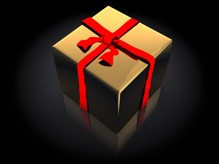 3d illustration of golden present box, over dark backgroundの写真素材