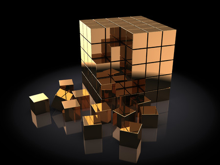 abstract 3d illustration of golden cub built with blocksの写真素材