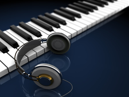 3d illustration of piano with headpones over dark backgroundの写真素材