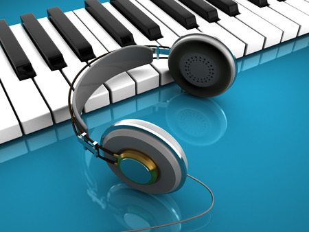 3d illustration of music keyboard with headphones, over cyan backgroundの写真素材
