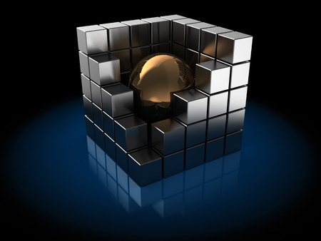 abstract 3d illustration of metal cube with sphere insideの写真素材