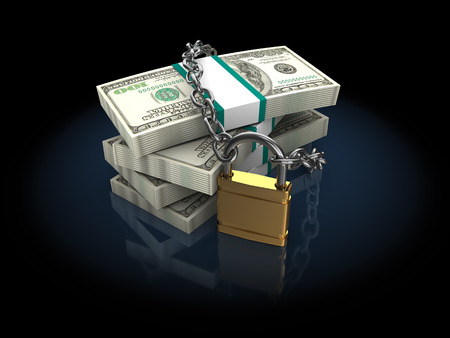 3d illustration of money stack locked with chain, over black backgroundの写真素材