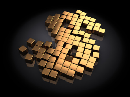 3d illustration of dollar sign built with golden blocks, over black の写真素材