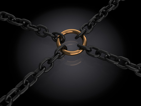 abstract 3d illustration of chains connection over dark backgroundの写真素材