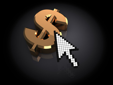 3d illustrartion of dollar sign and mouse cursor, over black の写真素材
