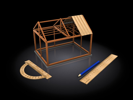 3d illustration of house frame building, over black backgroundの写真素材