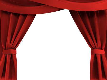 3d illustration of red curtains opened over white backgroundの写真素材