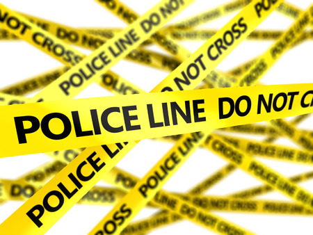 3d illustration of yellow tape with police line yellow tapeの写真素材
