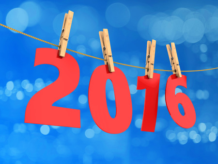3d illustration of 2016 year sign and rope, over blue backgroundの写真素材