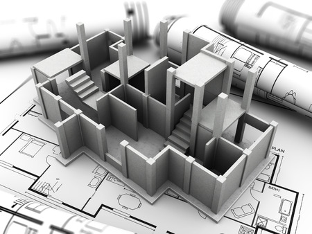 3d illustration of concrete house model and blueprints