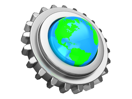 3d illustration of gear wheel with earth globeの写真素材