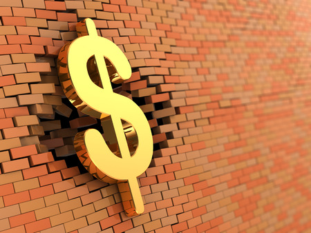 abstract 3d illustration of dollar symbol hit brick wallの写真素材