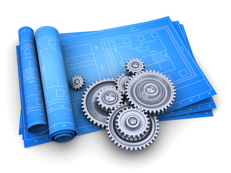 3d illustration of blueprints and gear wheels system, over white backgroundの写真素材