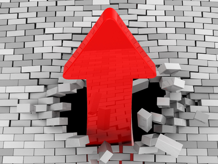 3d illustration of red arrow breaking brick wallの写真素材