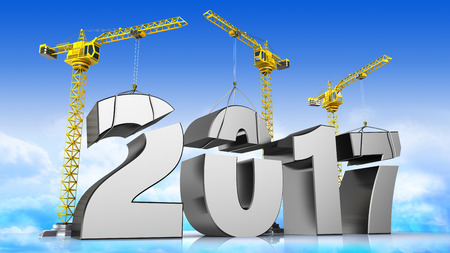 3d illustration of cranes building new 2017 yea, over sky background