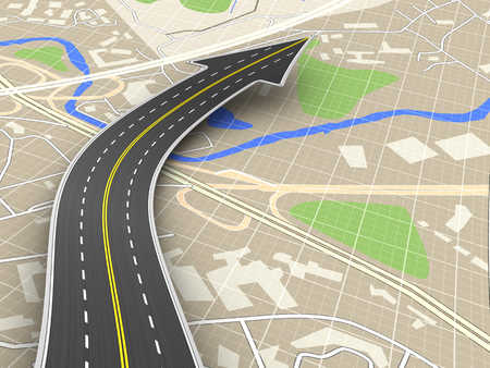 3d illustration of road with arrow sign over map
