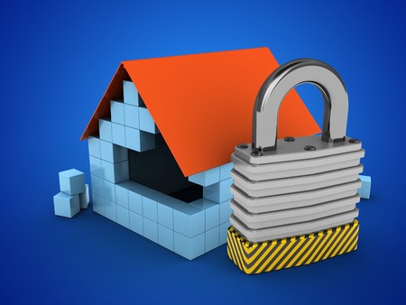 3d illustration of block house over blue background with padlockの写真素材
