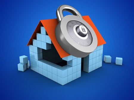 3d illustration of block house over blue background with code lockの写真素材