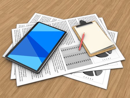 3d illustration of documents and tablet computer over wood background with noteの写真素材