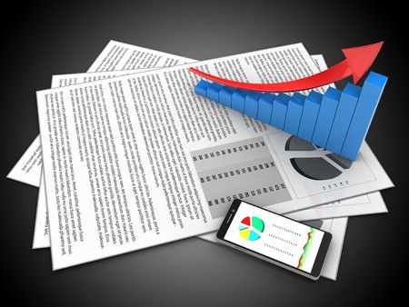 3d illustration of documents and arrow graph over black backgroundの写真素材