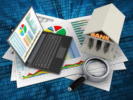 3d illustration of business documents and personal computer over digital background with bankの写真素材