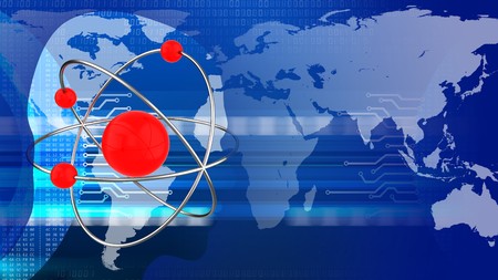 abstract 3d digital background with atom head silhouette and earth